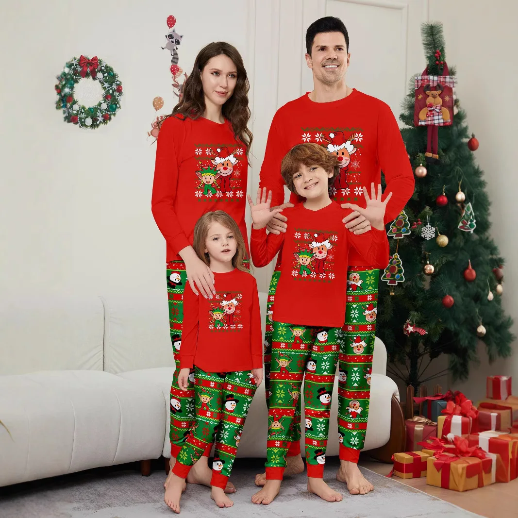 Family Xmas Pajamas Matching Outfits New Year Red Plaid Printed 2PCS Pyjamas Pants Print Adult Kids Christmas Clothing