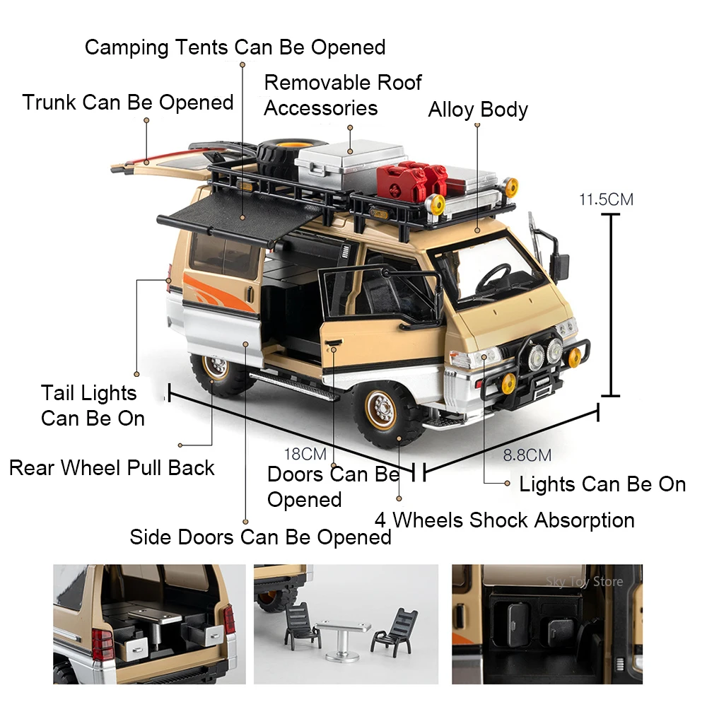 Modèle de voiture Mitsubishi Delica 1:24, jouets moulés sous pression en alliage Tundra avec son et lumière, portes rétractables, véhicule ouvert pour garçon, collection de loisirs