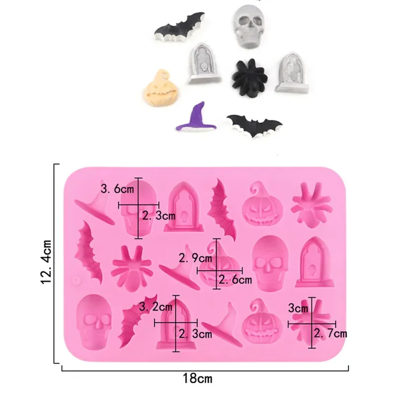 

18 Holes Chocolate Mould Halloween Skull Spider Bat Witch Hat Silicone Mold DIY Chocolate Pudding Jelly Molds Kitchen Bakeware