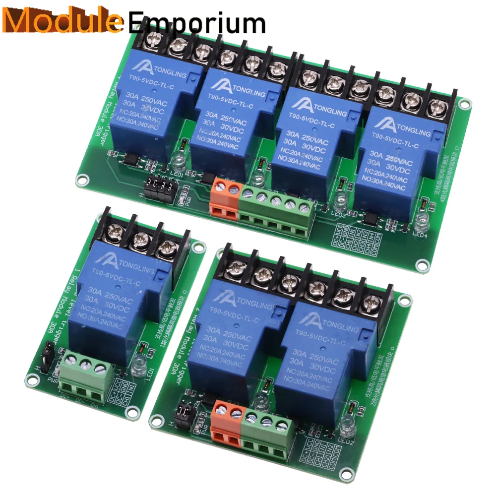 5V 12V 24V 1 2 4 Channel Relay Module 30A with Optocoupler Isolation Supports High/Low Level Trigger with Guide Rail