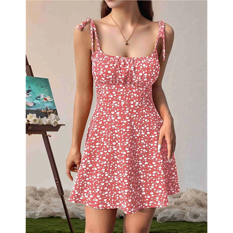 A83F-Abito floreale Boho da donna con pagliaccetto e cinturino per spaghetti
