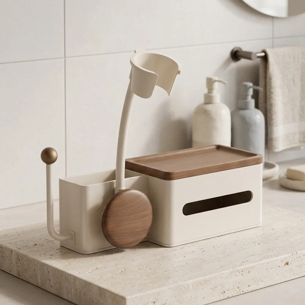 Bathroom Storage Shelf with Hair Dryer Holder Stand and Comb Organizer Hands Free Carbon Steel 32 15 12cm Cream