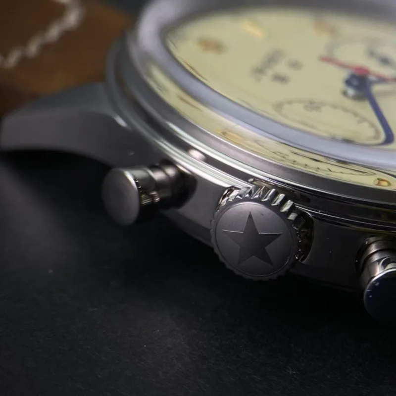 ل 1963 الطيران الطيران كرونوغراف طبق الاصل دليل لف الميكانيكية ساعة رجالي كريم أصفر الفولاذ المقاوم للصدأ مقاوم للماء الرجال #3