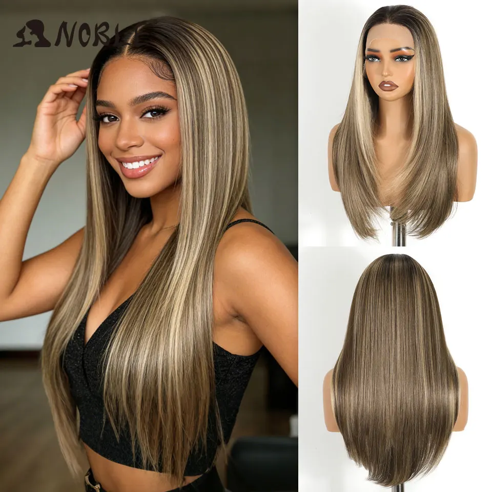 24 Inch 13x6 Lace Front Wig Synthetic Wig Ombre Brown to Ash Blonde Straight Hot Sale Fast Shipping Heat Resistant Glueless Wig