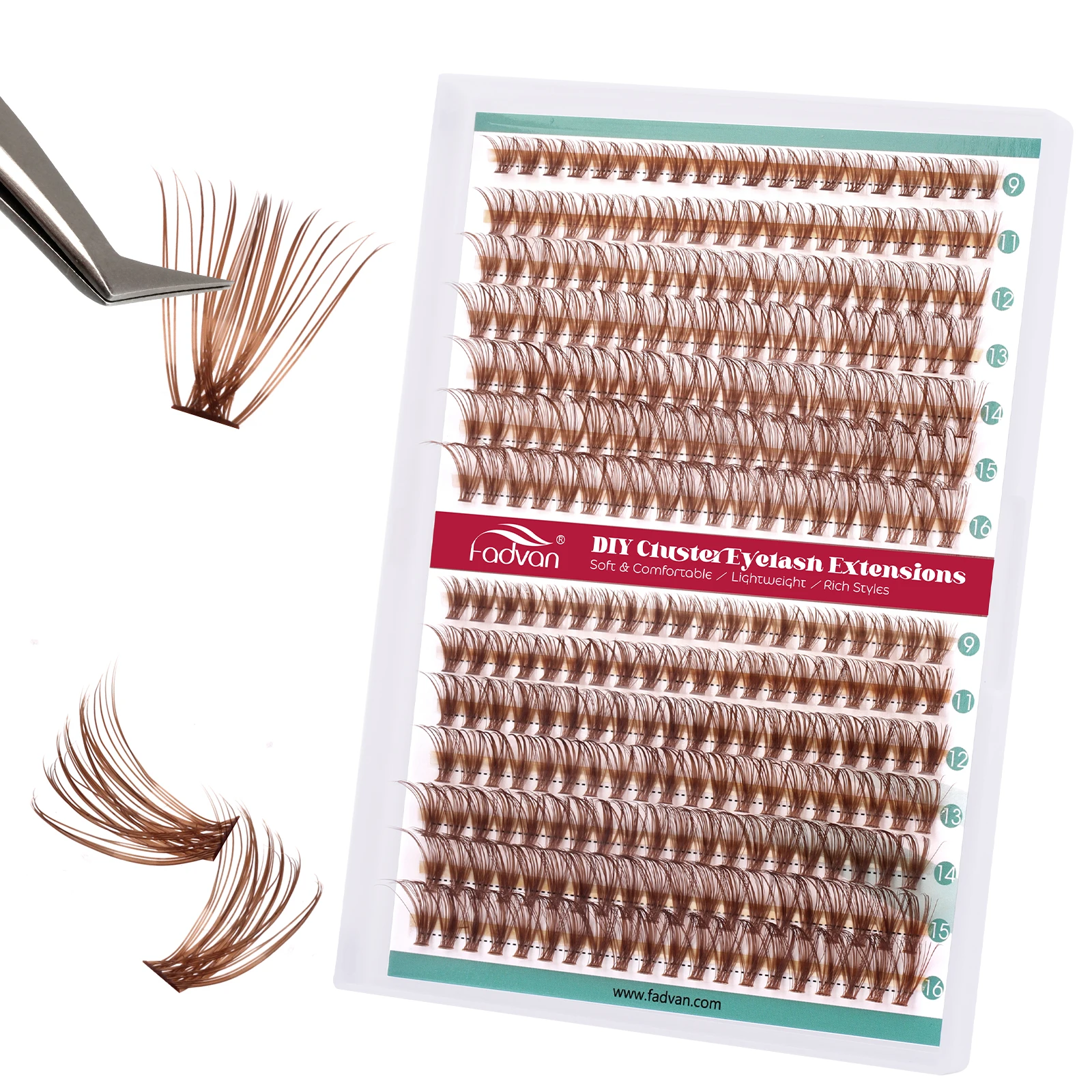 FADVAN 14 Rows Dark Brown Light Brown Diy Cluster Segmented Lash 9-16mm C/D Curl Upper Lower Professional Heat  Fake Eyelashes