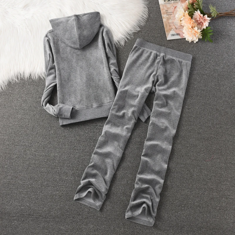 Juicy Coursera Tracksuit 2024 Women\'s Solid Color Top and Pants Suit Velvet Tracksuit Two Piece Set