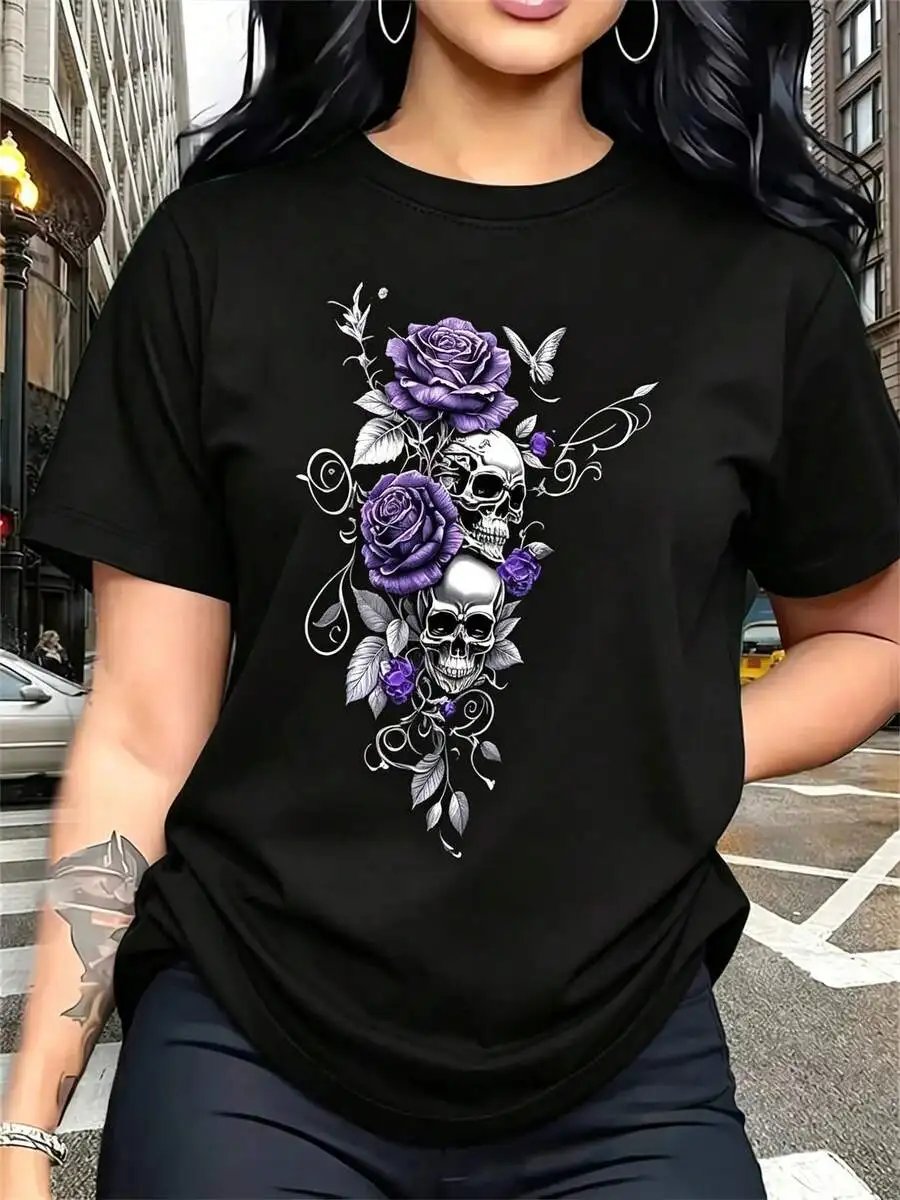 Women Crewneck Short Sleeve T Shirt Skull Purple Rose Print Gothic Style Summer Streetwear Casual Wear Trendy Outfit Top