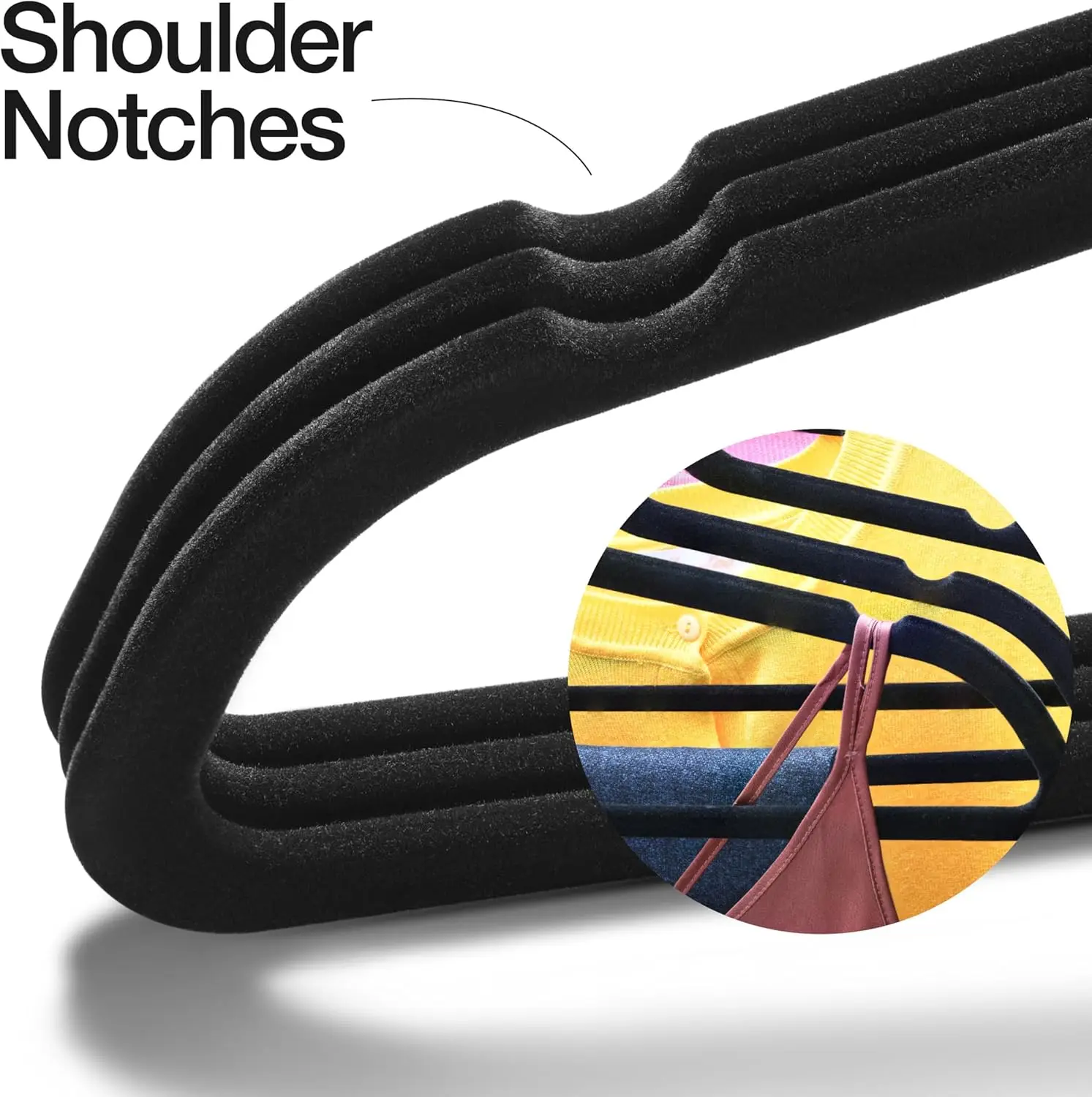 50 شماعة مخملية ممتازة: شديدة التحمل، رفيعة للغاية باللون الأسود. غير قابل للانزلاق، 360 °   خطاف دوار للخزانة والقمصان والسراويل.