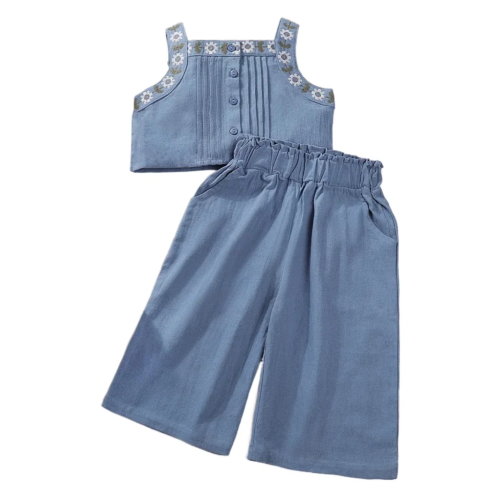 Korean Version Fashion Solid Color Baby Girl Casual Summer New Square Collar Flower Embroidered Vest+wide Leg Pants 2-piece Set
