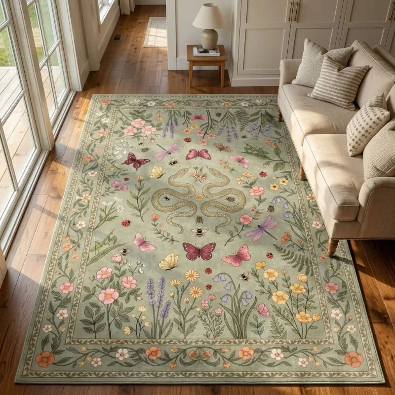 Vintage Pastoral Style Living Room Rug Fashion Home Decor Bedroom Bedside Carpet Soft Non‑Slip Machine Washable Floor Mat