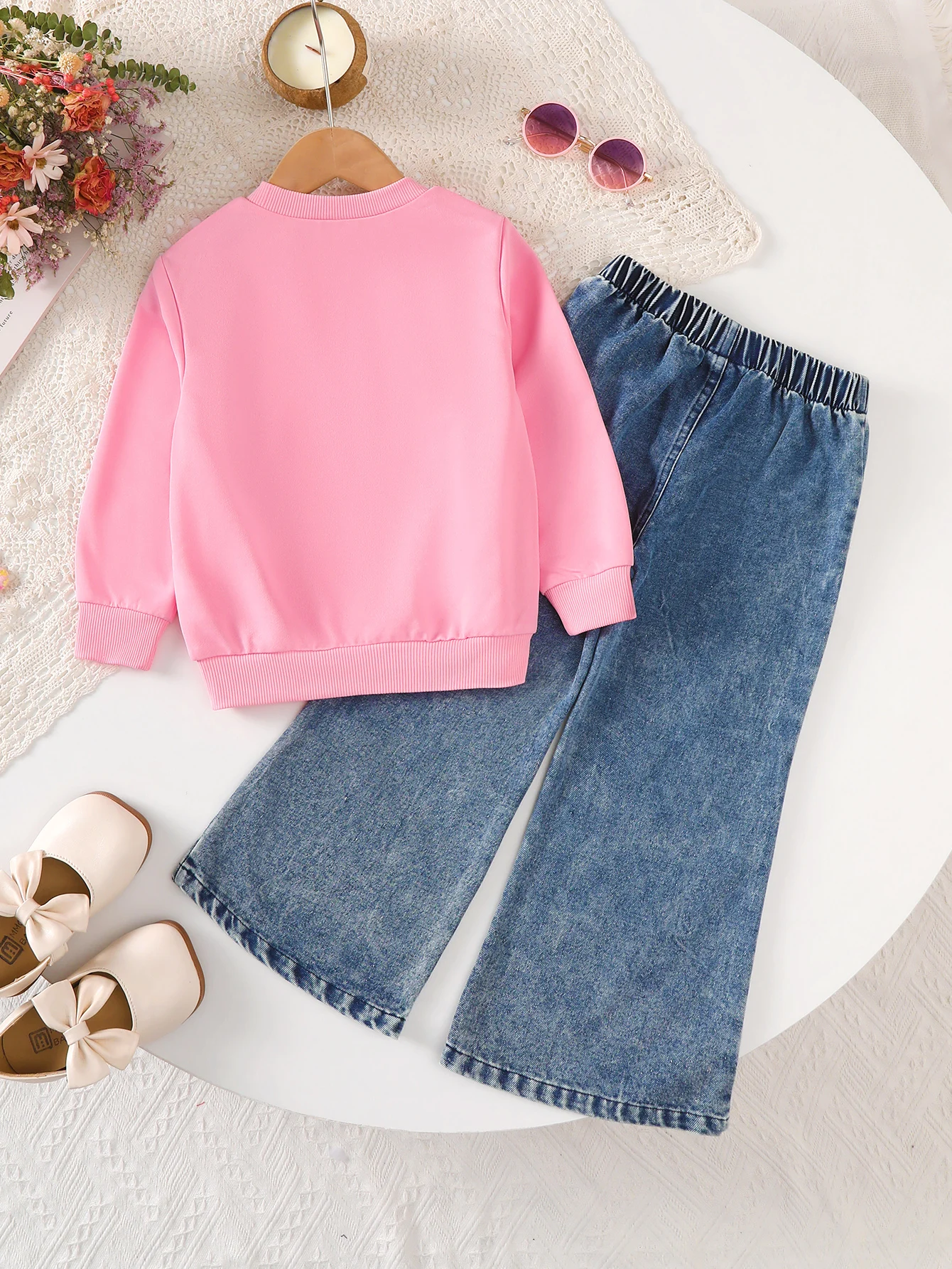 2pcs Girls Spring Autumn Long Sleeve Sweatshirt Jeans Set Pink Butterfly Decoration Cute Fashionable Children's Clothing