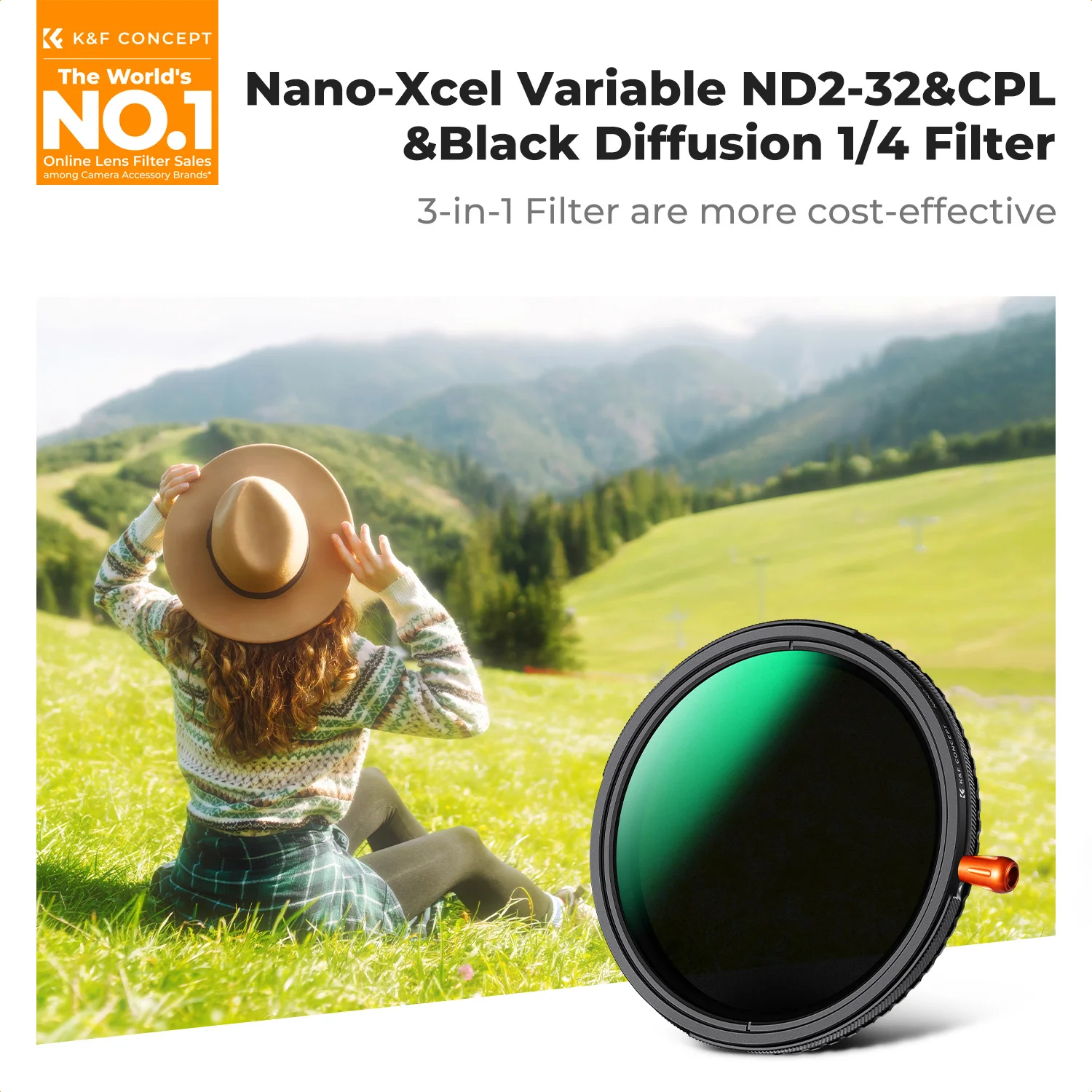 K&F CONCEPT Variable 3 in 1 HD Lens Filter ND2-32 &Circular Polarizing Filter CPL&Black Mist 1/4 Camera Filter Nano-Xcel Series