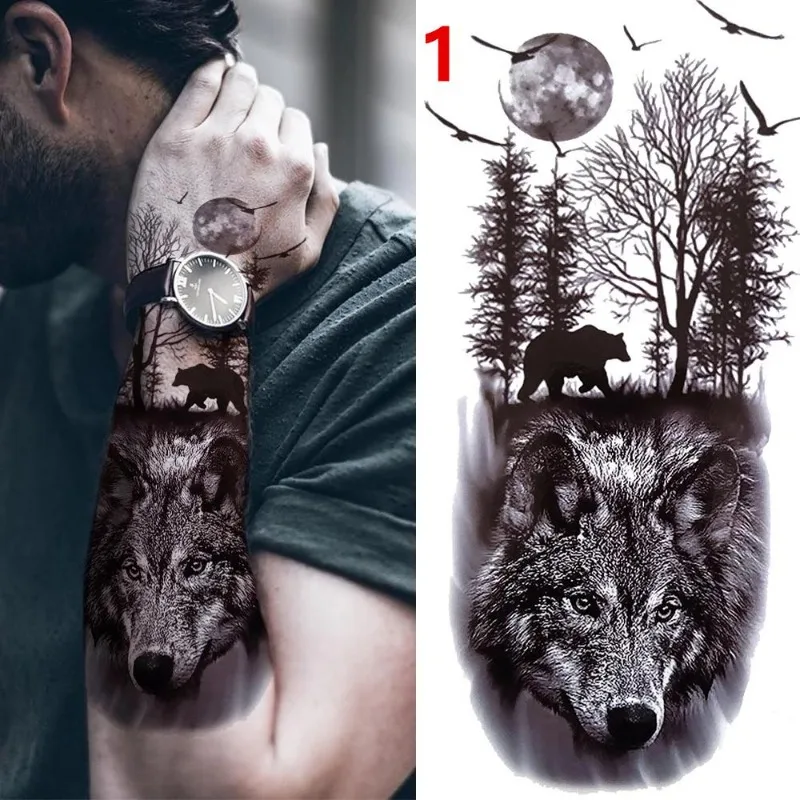 1PC Black Forest Tattoo Sticker For Men Women Children Tiger Wolf Death Skull Temporary Tattoo Fake Henna Skeleton Animal Tatoo