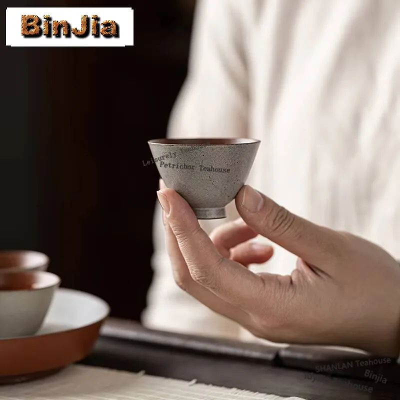 2pc/lot Handmade Gray Coarse Pottery Teacup Chinese Ceramic Master Cup Small Tasting Fragrant Cup Master Cup Kung Fu Teaset 50ml