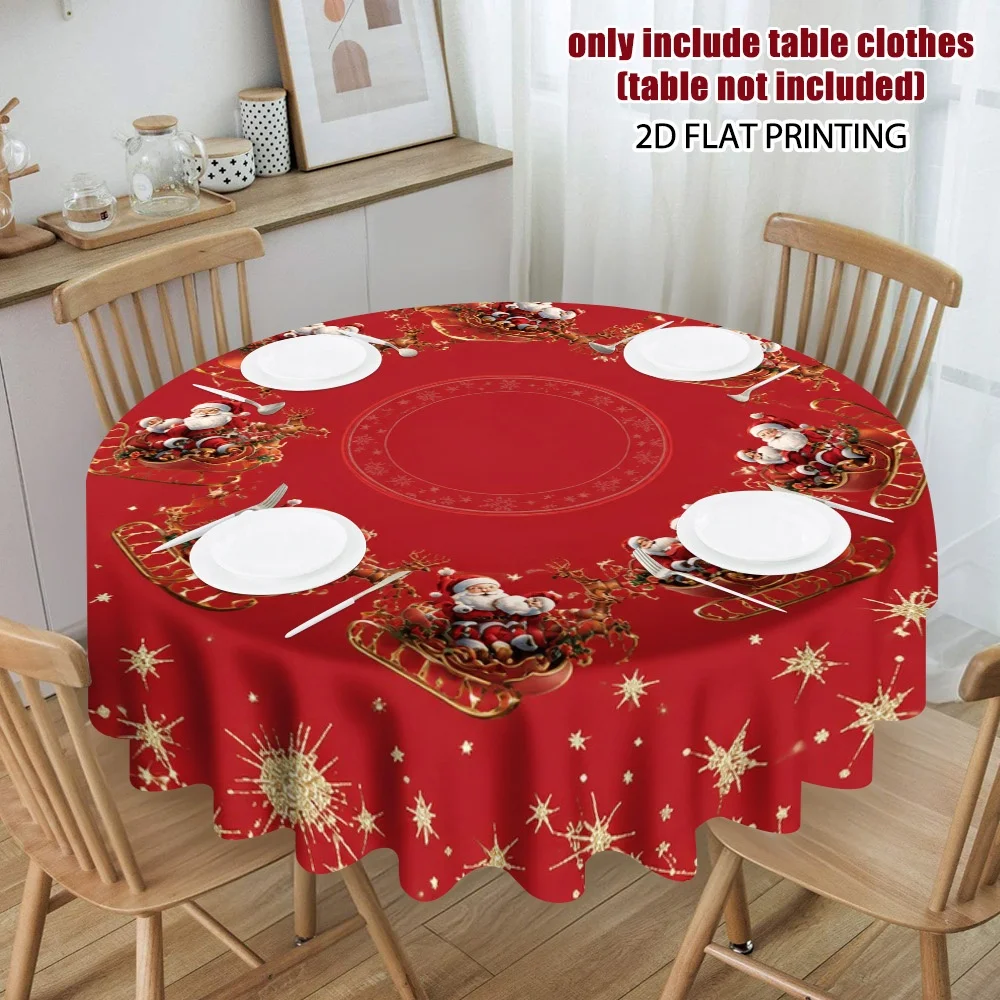 2D graphic printing, 1-piece Santa sled pattern round tablecloth design, creating a warm restaurant atmosphere,