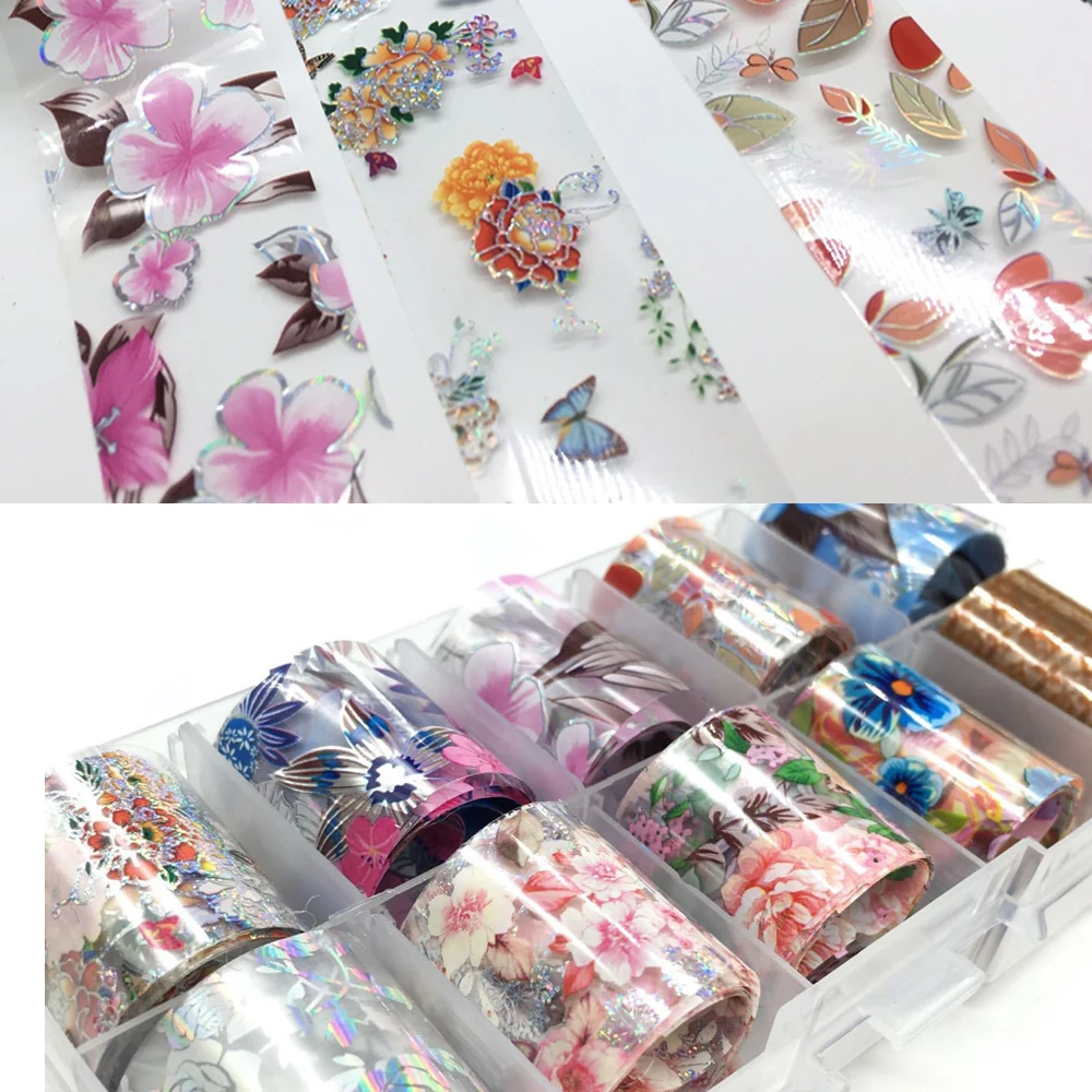 10Pcs 100X4cm Holographic Flower Foil and other Various Floral Flower Transfer Nail Art Foil Set FLORAL NAIL FOILS for Nail Art