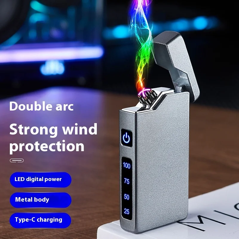 Type-C Fast Charging Windproof Metal Lighter USB LED Power Double Arc Lighter Rechargeable Digital Display Touch Sensor Lighters