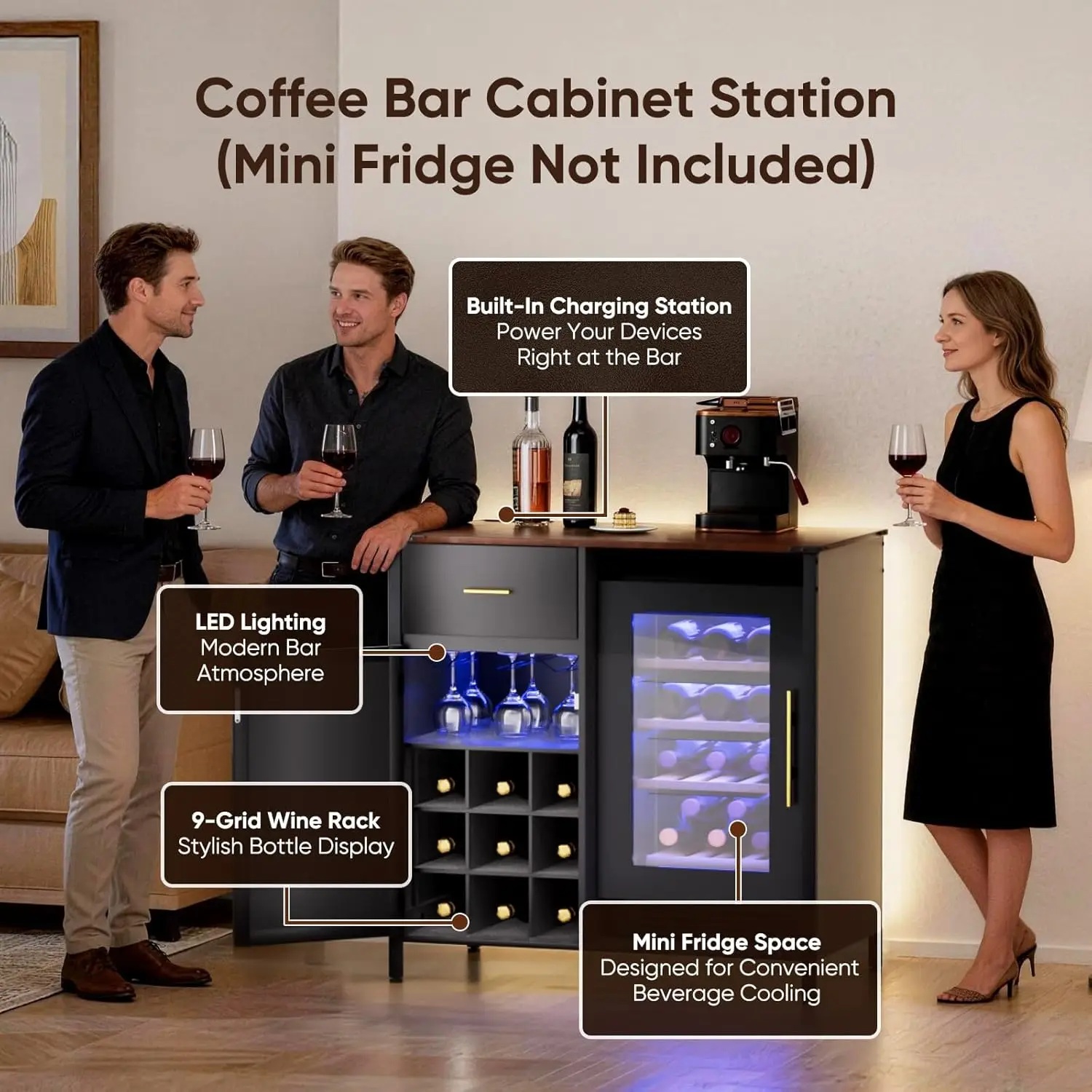 Coffee Bar Cabinet with Mini Fridge Space, Charging Station & LED Lights, 9 Grid Storage, Modern Wine Cabinet, Customized