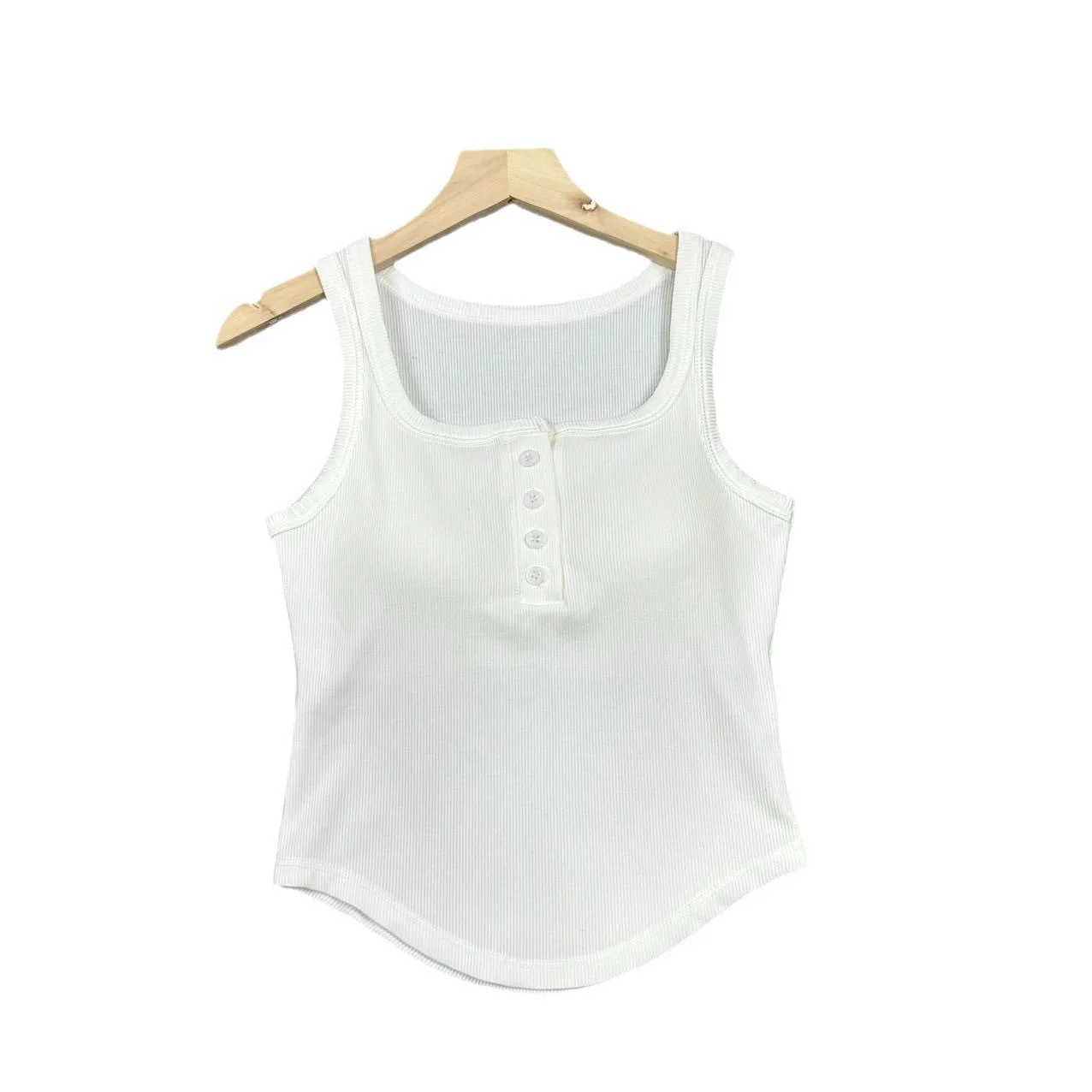 버튼업 고정컵 조끼 여성용 와이드 숄더 스트랩 스퀘어 칼라 슬리밍 베이스 레이어 여름 패션 폴리에스터 섬유