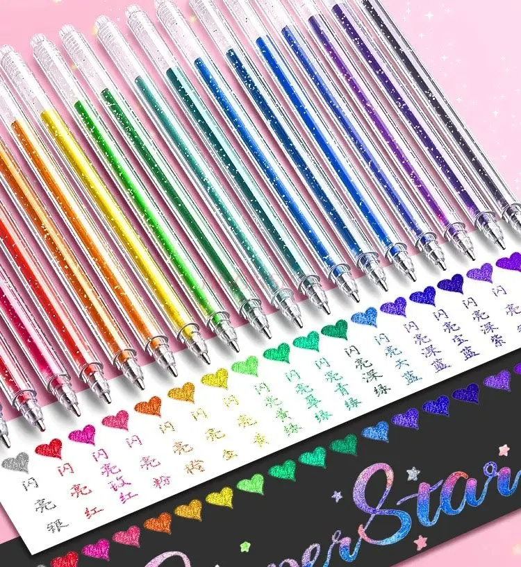 

24 шт., акварельная ручка, флуоресцентный цвет, сверкающая гелевая ручка, сверкающий серебристый свет, струящийся песок, меняющий цвет, детская
