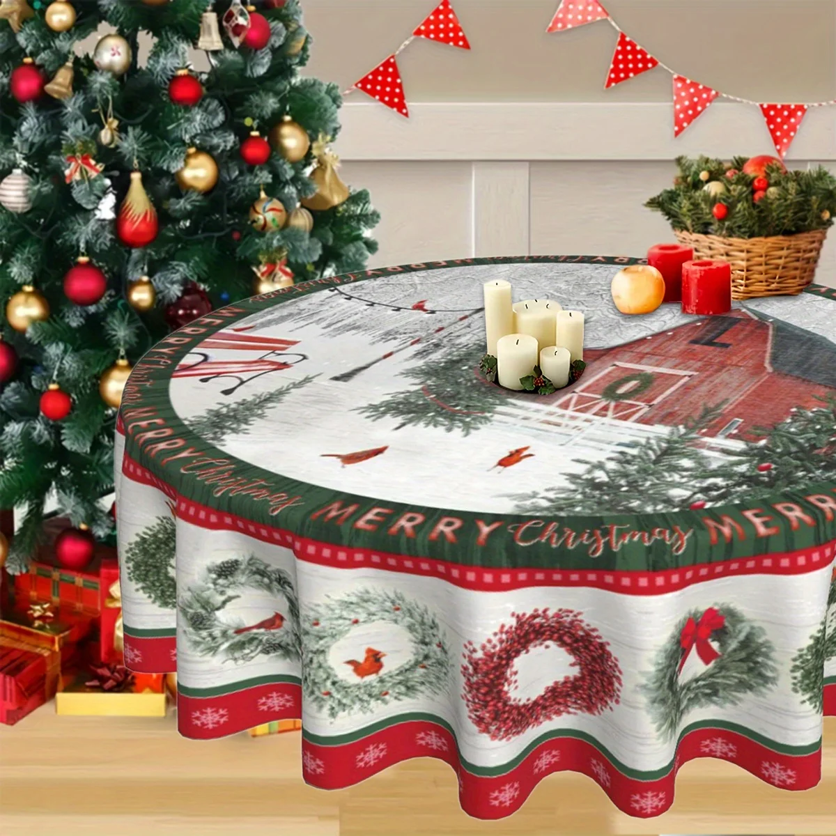 1pc Merry Christmas Farmhouse Round Tablecloth Snowy Scene with Red Truck Holly Decor Washable Polyester