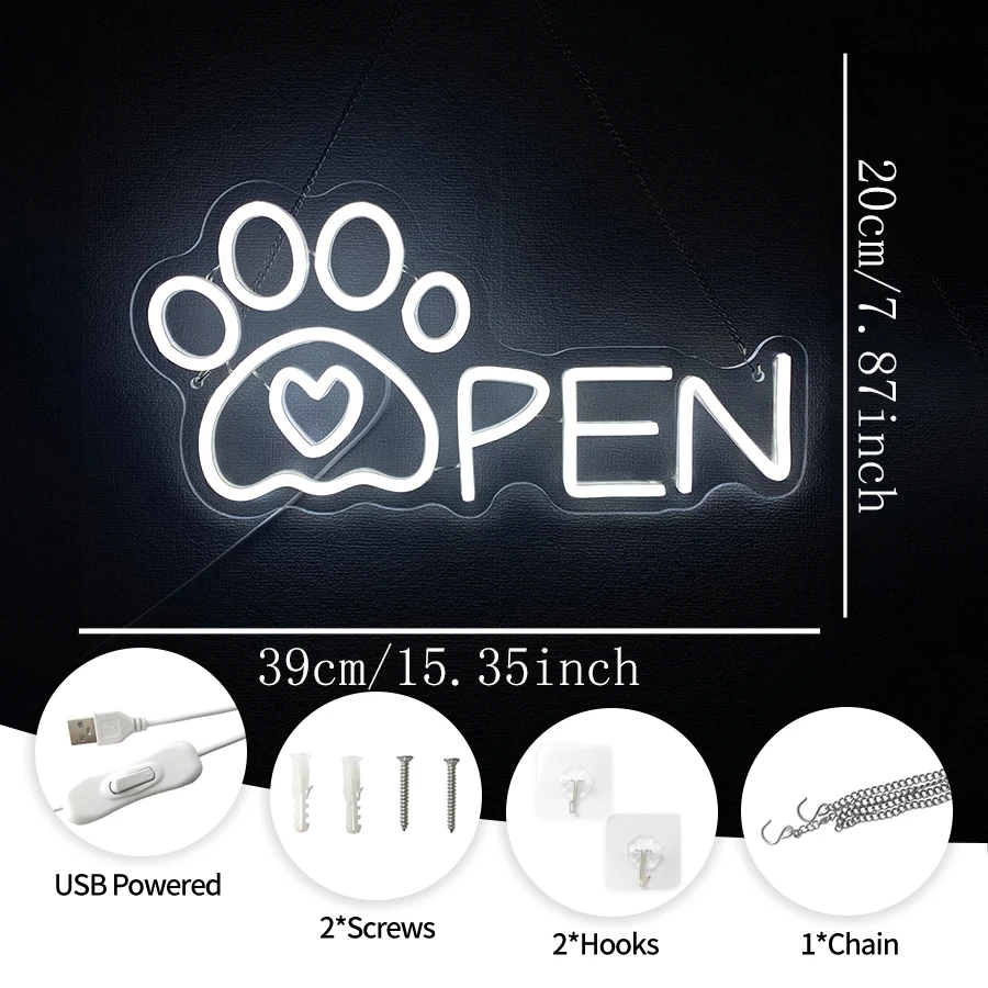 Pet Grooming Open Neon Sign, Paw Print LED Light for Salon Spa Storefront Helps grooming salons, pet spas, animal clinics