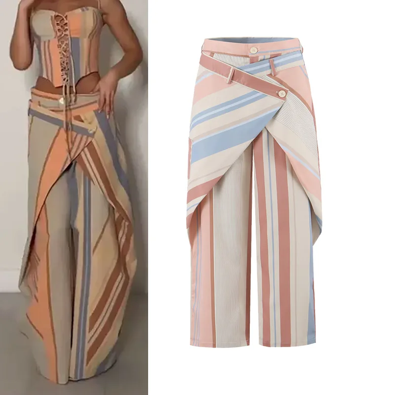 Women's Asymmetric Pleated Wide Leg Pants Colorful Print Straight Trousers Casual Versatile All Season 2026 New