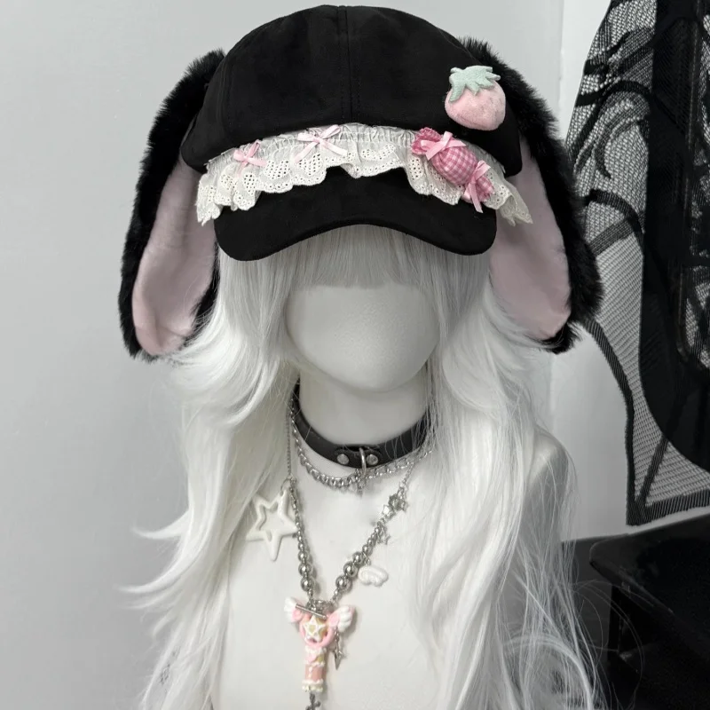 新しいオリジナル日本ロリータイチゴソフトキャンディ帽子 Y2K ガールサブカルチャーレースリボンベレー帽女性愛らしい八角形帽子