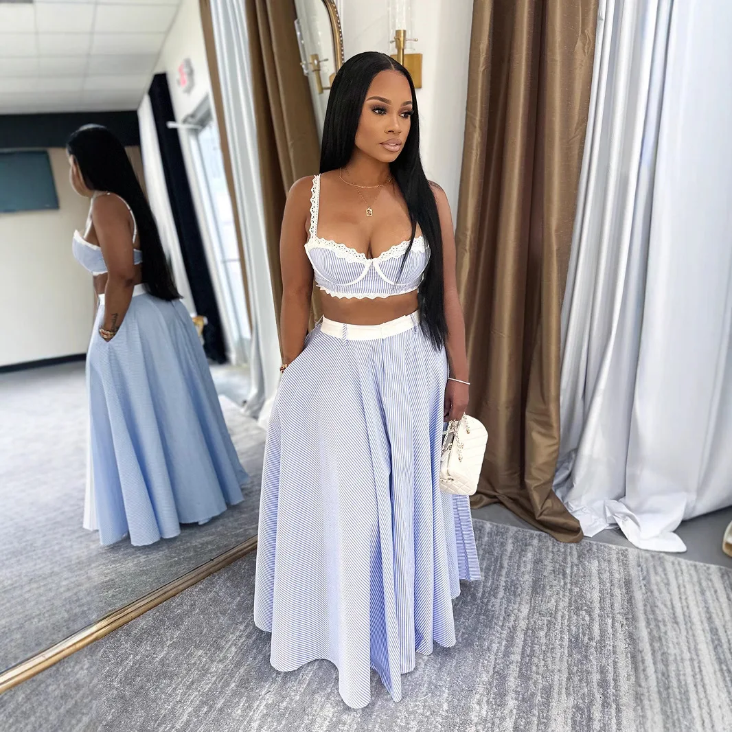 Tres hermanas Primavera Verano moda Sexy fiesta de vacaciones club nocturno mujer ropa camisola de encaje chaleco Color sólido conjunto de dos piezas