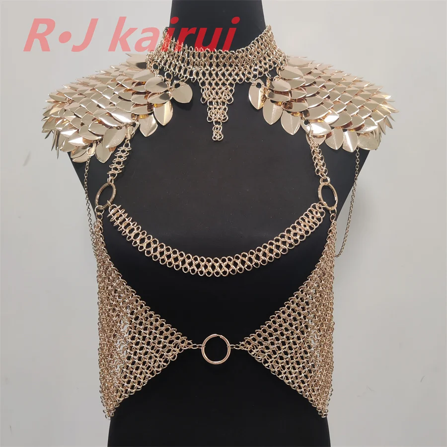 Neue Mode Metall Meerjungfrau Fischschuppen Hals Schulter Ketten Schichten Kettenhemd Drachen Skala Schulter Schmuck 3 Farben – Detail 10