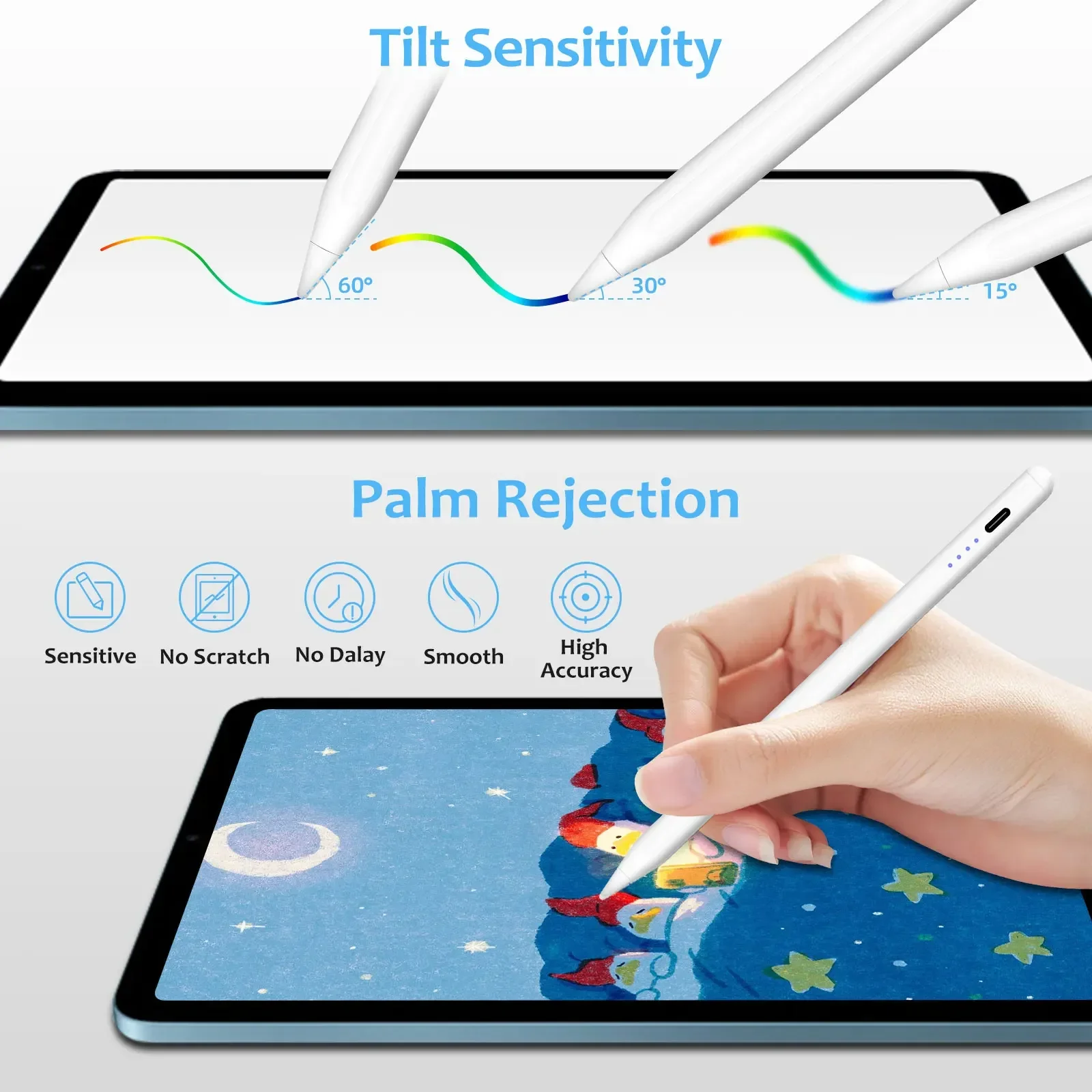

For Apple Pencil 2 1 with Palm Rejection Tilt Sensitivity Stylus Pen for 2018-2023 iPad 6/7/8/9/10,Pro 11/12.9,Mini 5/6,Air3/4/5