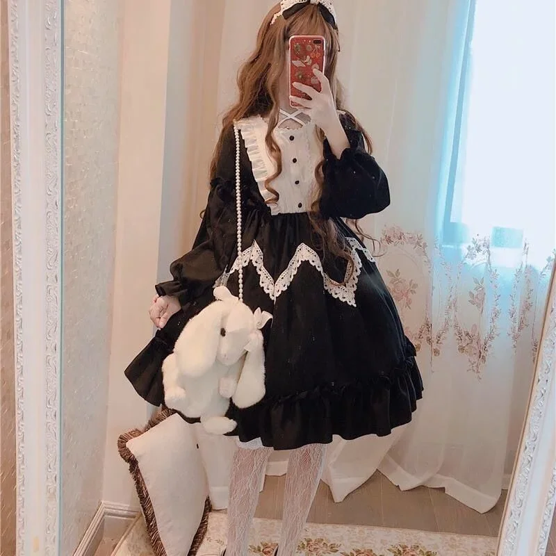 2025 Robe Japonaise Lolita Douce pour Femme, Manches sulf, Dentelle, Gótico, Kawaii, Victorienne, Tea Party, Bol, Cosplay, Negro