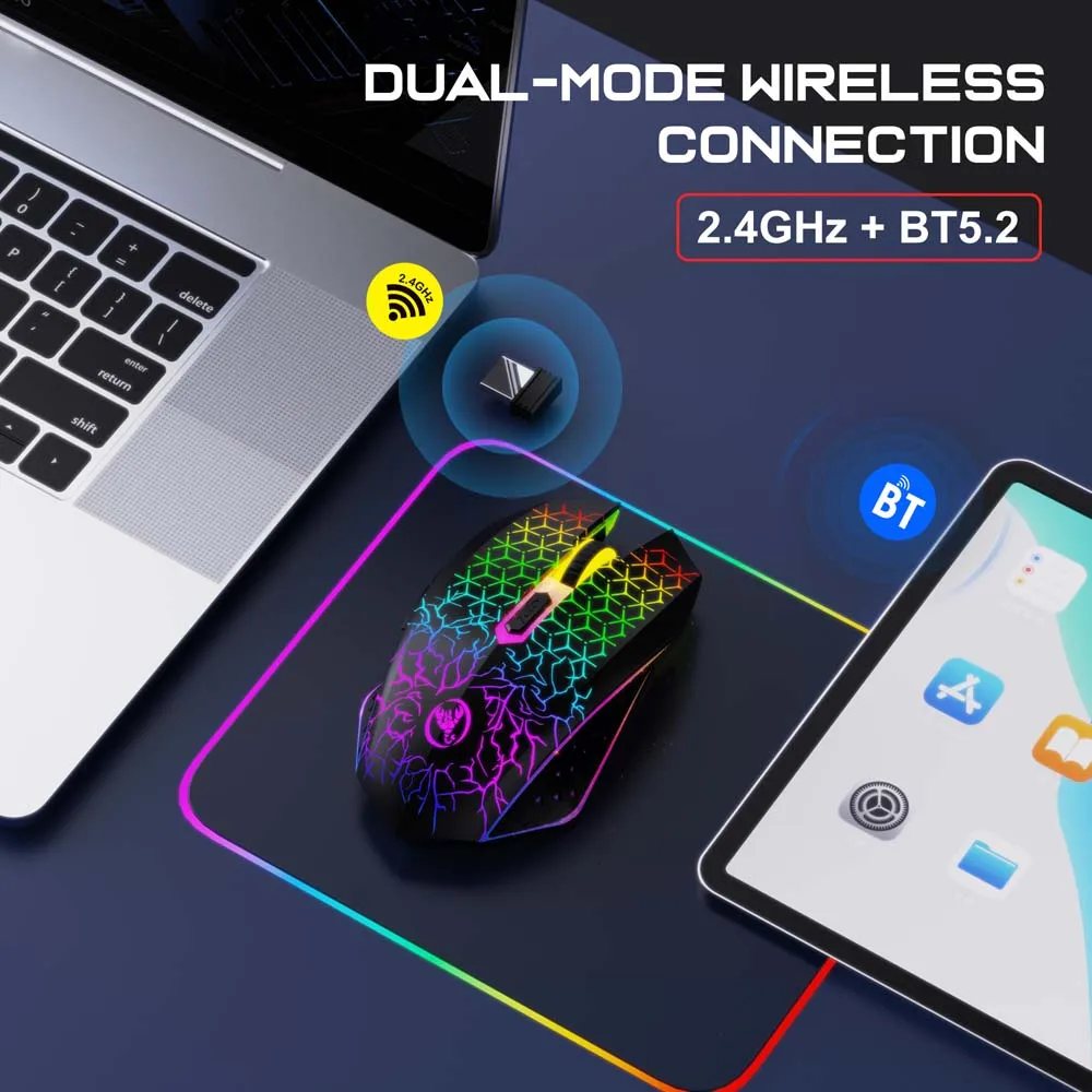 Wireless with Bluetooth Mouse 2.4GHZ BT5.2 Dual Mode Mouse 3D Crack Pattern  6 Mute Button Colorful Light Type C Charging Mouse