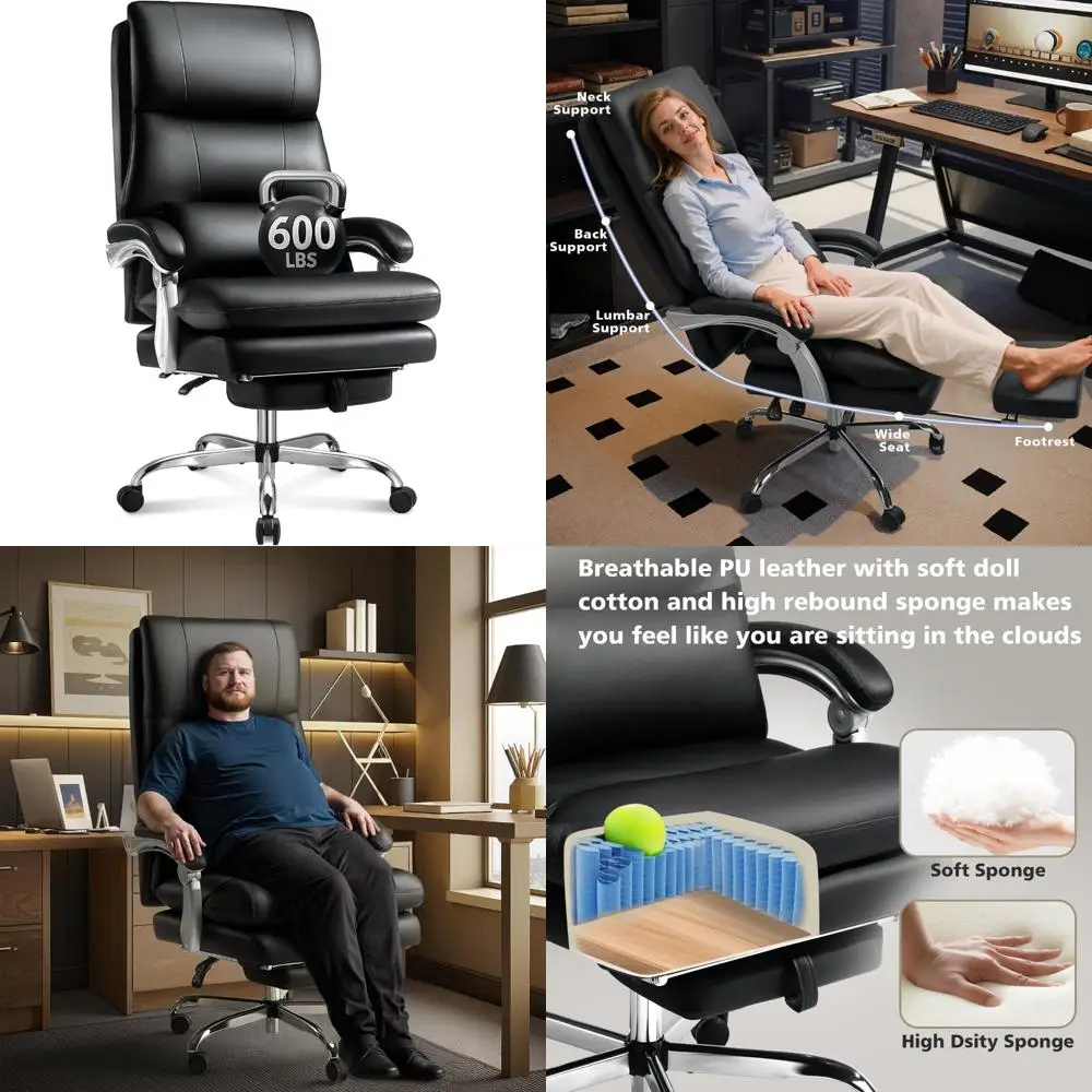 durable high-back leather office chair with footrest for up to 600lbs capacity