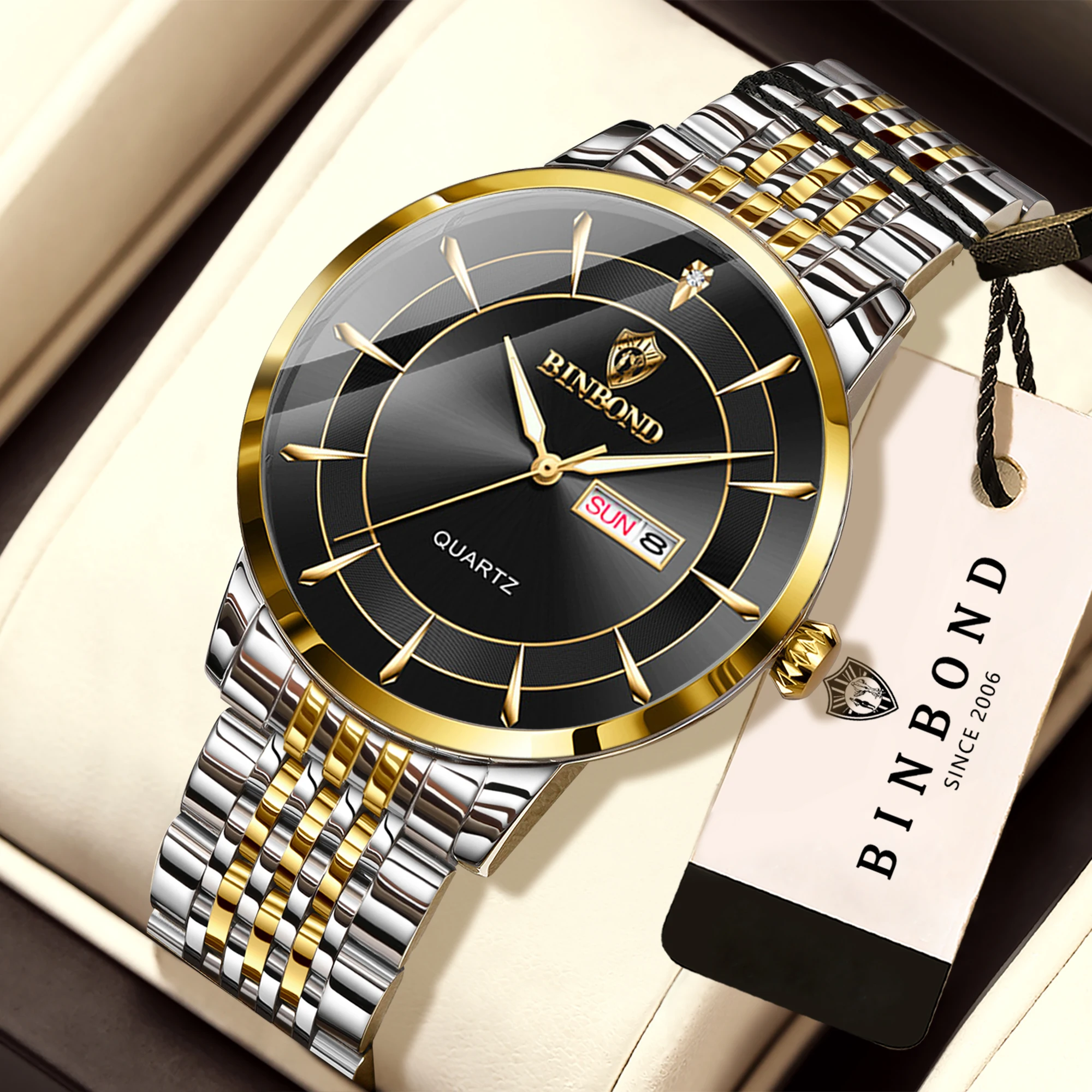 BINBOND Waterproof Luminous Simple Quartz Watches For Men Luxury Precise Auto Date Week Display Men's Watch Durable Reloj