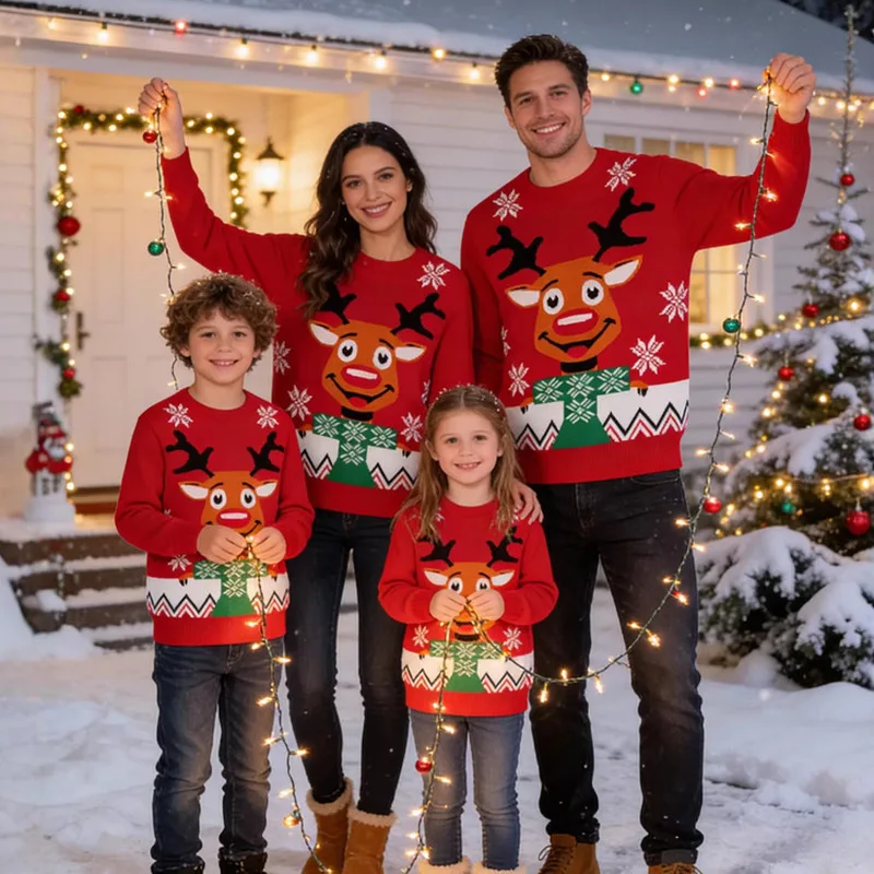 New Family Knitted Wool Sweater for Dad Mom Daughter Son Christmas Party Clothing Adult Kids Cartoon Jacquard Pullover Tops