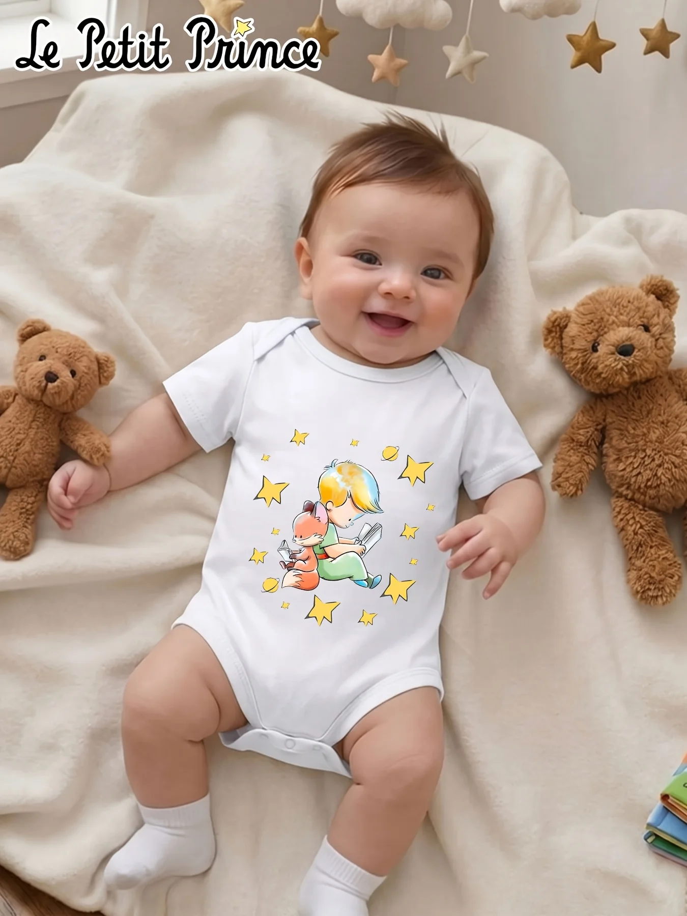 Le Petit Prince Boys' Short-Sleeve Triangle Bodysuit Cute Cartoon Star Print Romper Summer Children's Christening Gift Outdoor