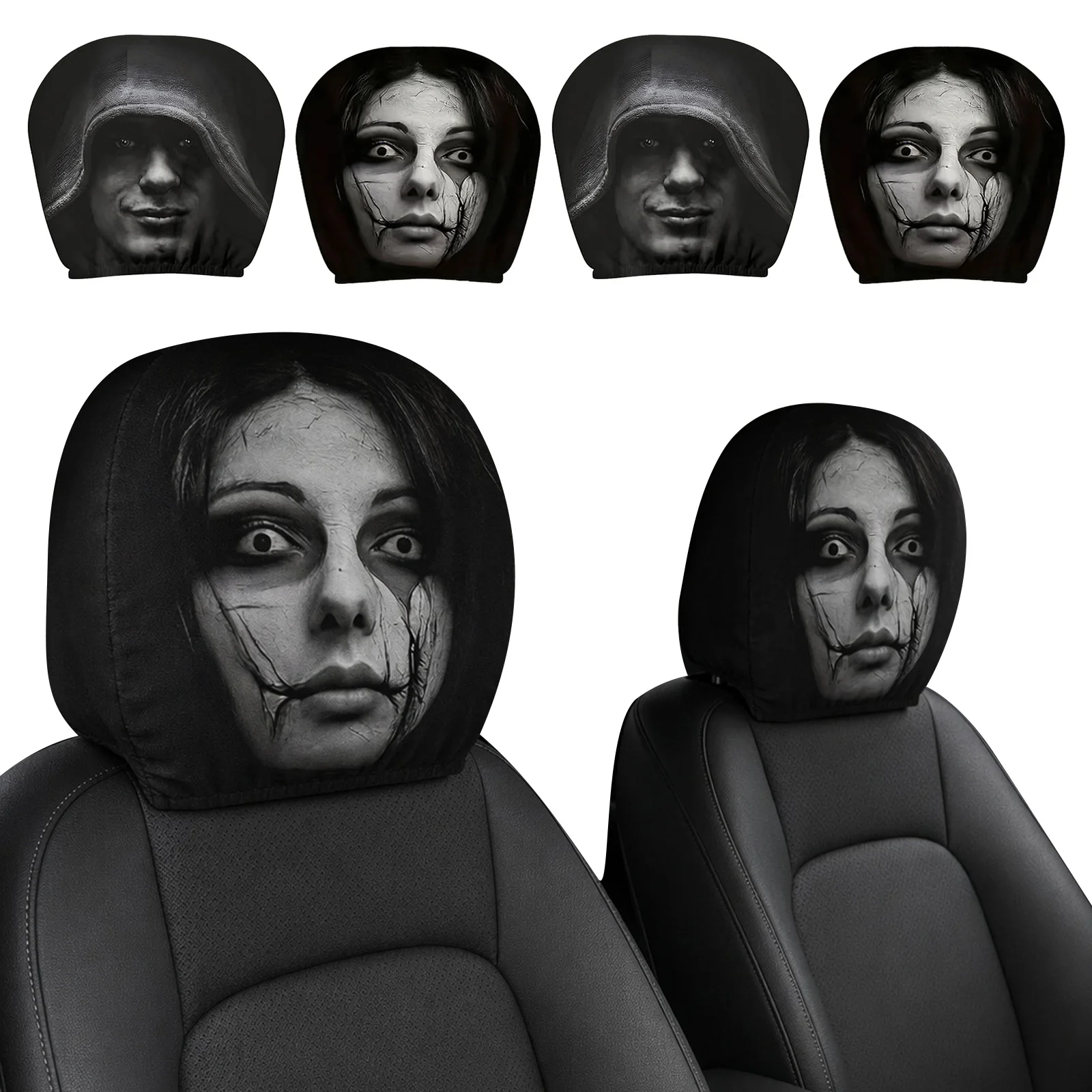 4 Pcs Ghost Face Headrest Covers Scary Funny Cartoon Car Headrest Covers Spooky Halloween Car Decor Covers for Vehicle Truck SUV