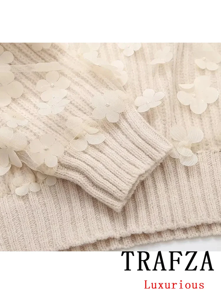 TRAFZA Vintage Casual Chic Women Sweater Solid O-Neck Flower Knitted Loose Sweater Fashion 2024 Autumn Holiday Female Sweater