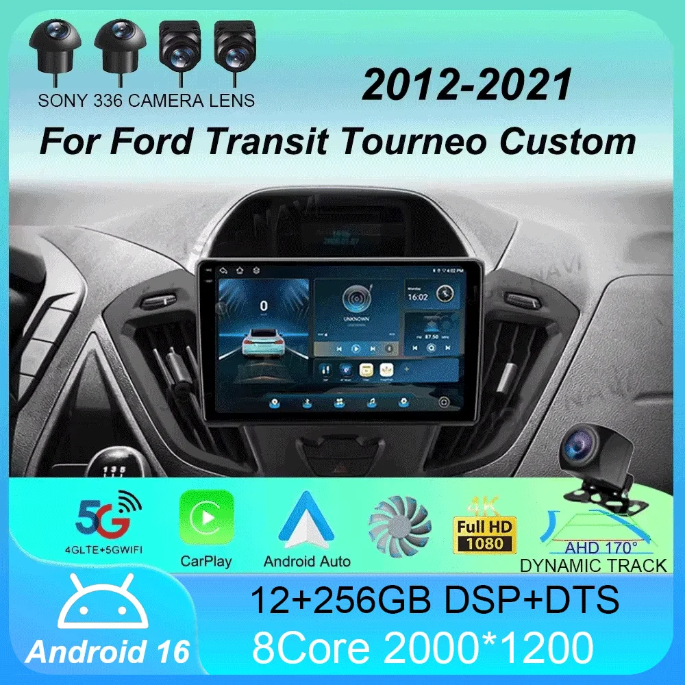 Android 16 Car Radio For Ford Transit Tourneo Custom 2012 - 2021 Navigation GPS Multimedia Player Stereo wifi+4G Carplay BT 2DIN