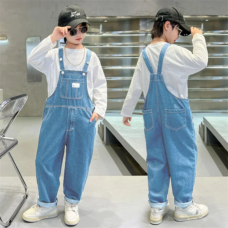 Korean Style Kids Retro Blue Overall For Tween Boy Casual Dungaree Bib Jeans Pants Children Vintage Suspender Jumpsuit Age 4-14Y