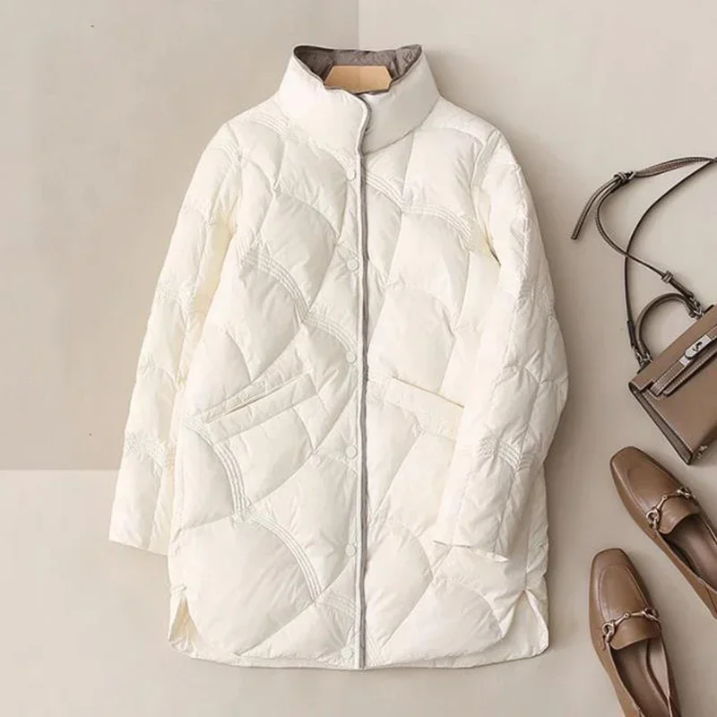 Retro Autumn and Winter 90 White Duck Down Ultra Light Warm Coat for Women\'s Casual Splice Long Standing Collar Quilted Coat