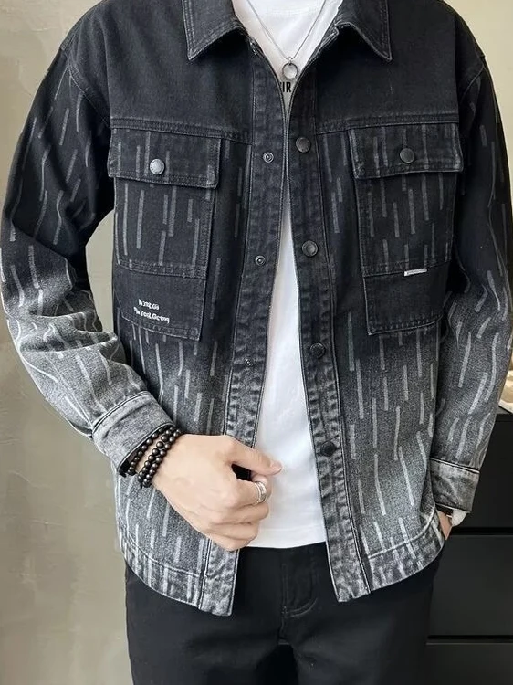 

adient цветной полосатый джинсовый джинсовый джинт, мужской весенне-осенний новый модный свободный универсальный джинсовый джинт, молодежная верхняя одежда