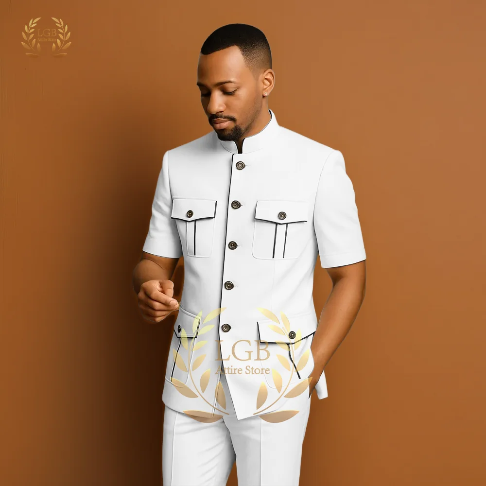 Men's 2-Piece Suit, Stand Collar Multi-Pocket, Yellow Style, Including Jacket & Trousers, Business & Casual Occasions
