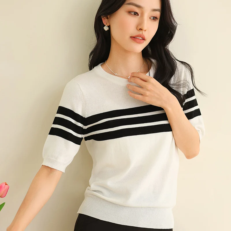 

Summer Women 100% Cotton Striped T Shirt Women Clother Tops Short Sleeve O neck Sweater Casual Basic Pullover