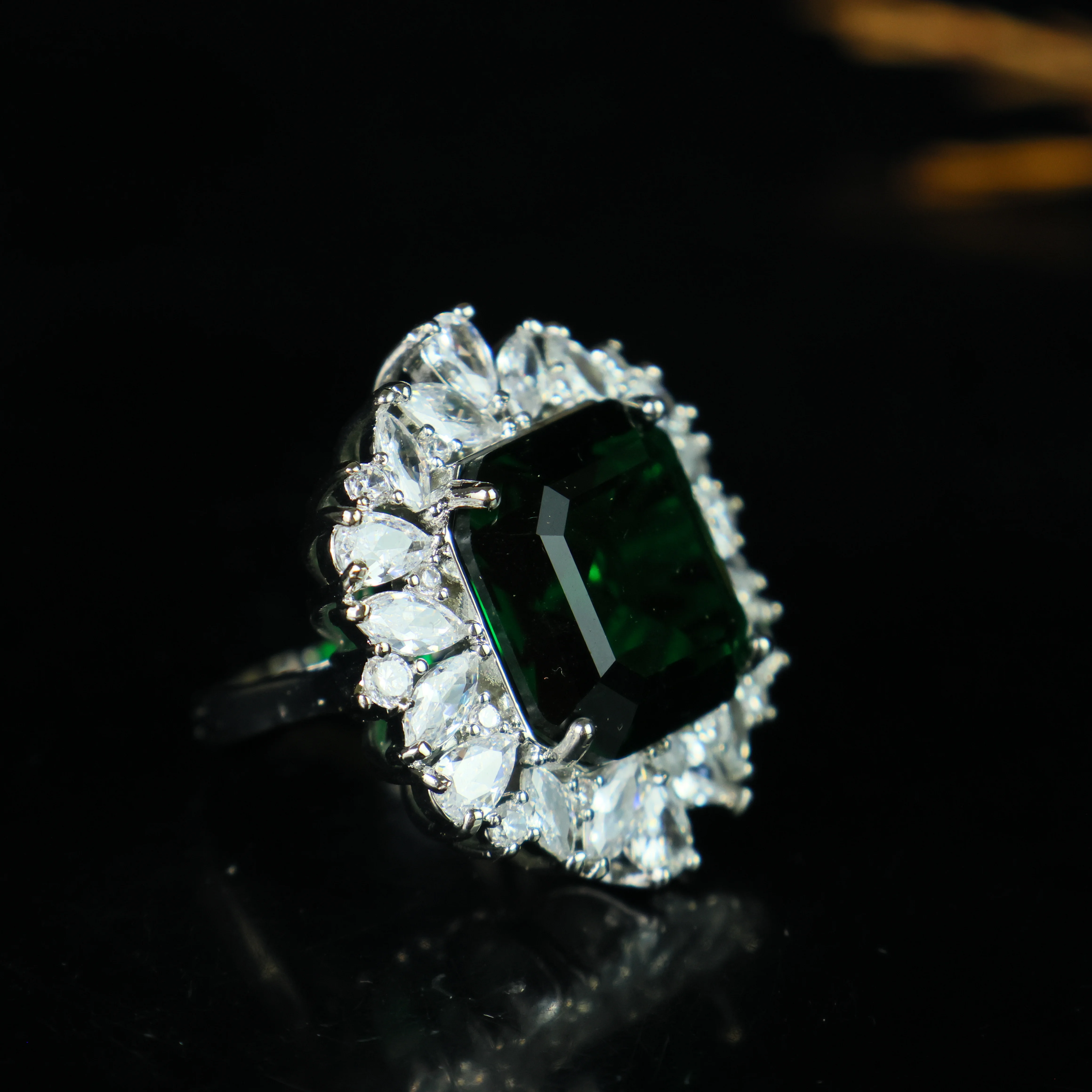 Art Deco Style Lab-Created Diamond Emerald Cut Sapphire Ring 14k White Gold FN