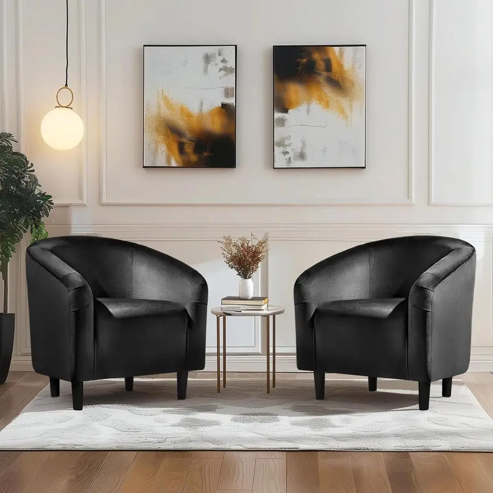 Compact Velvet Accent Chairs Set o 2 or Small Spaces, Black | Compact Cozy Barrel Chairs with a Curved Silhouette, Upholstered u