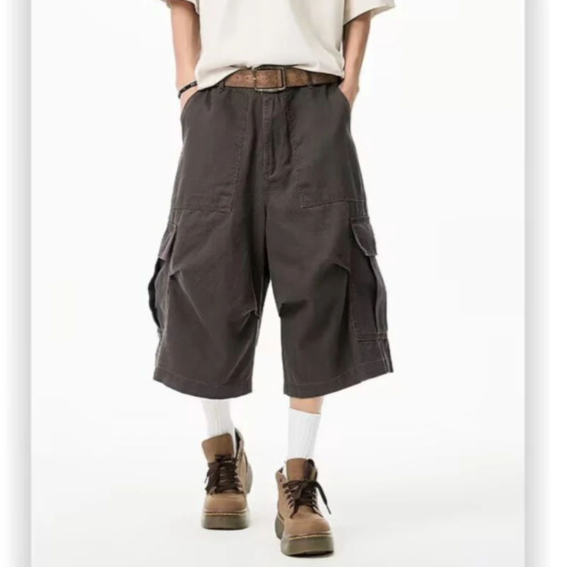 Men Retro Workwear Pants Large Pocket Pleated Design Wide Leg Cropped Trousers Casual Streetwear Fashion Pants