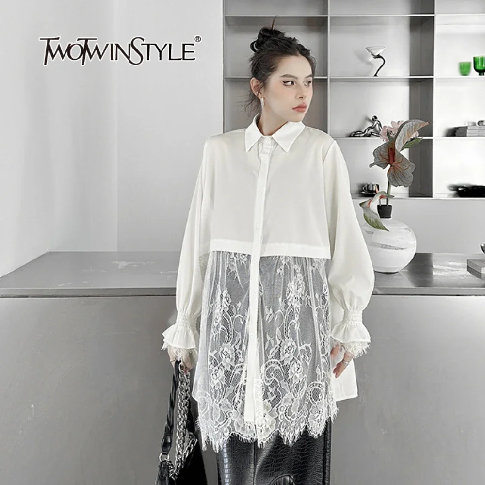 

TWOTWINSTYLE Solid Loose Spliced Lace Temperament Blouse for Women Lapel Long Sleeves Patchwork Single Breasted Top Female New