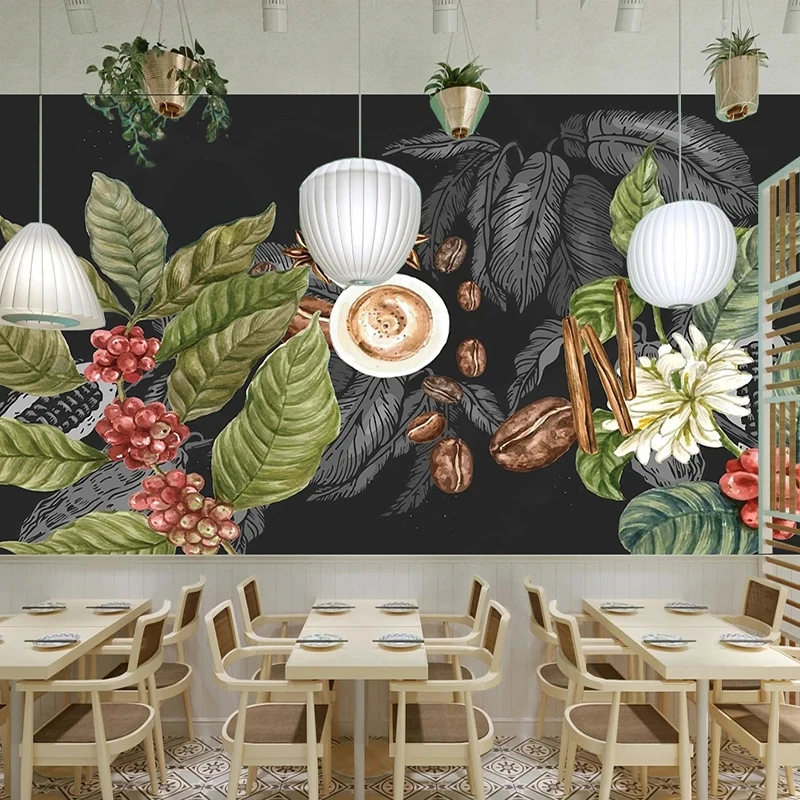 Custom Wall Cloth Modern Hand Drawn Coffee Leaves Photo Murals Wallpaper Cafe Restaurant Hotel Background 3D Pegatinas De Pared